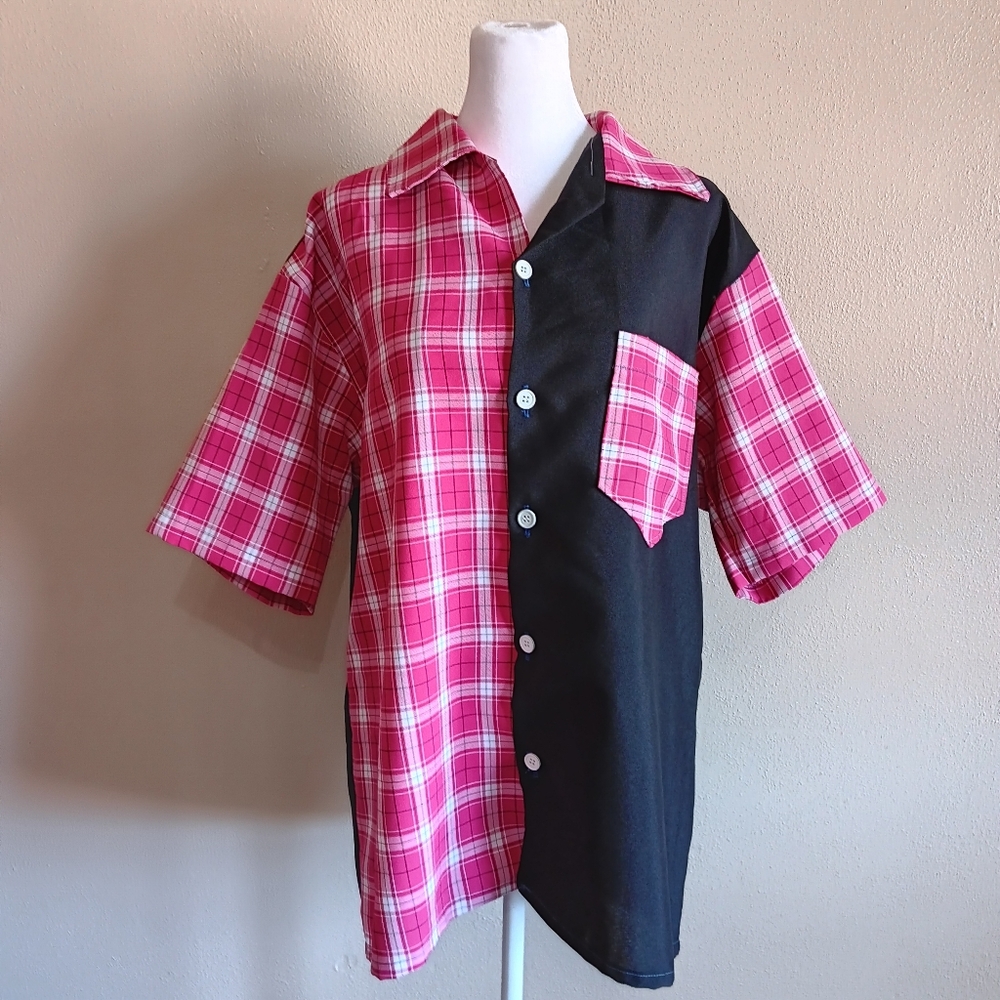 90s Skater Punk Handmade Vintage Button Down Pink Plsid Black Shirt Approx Large